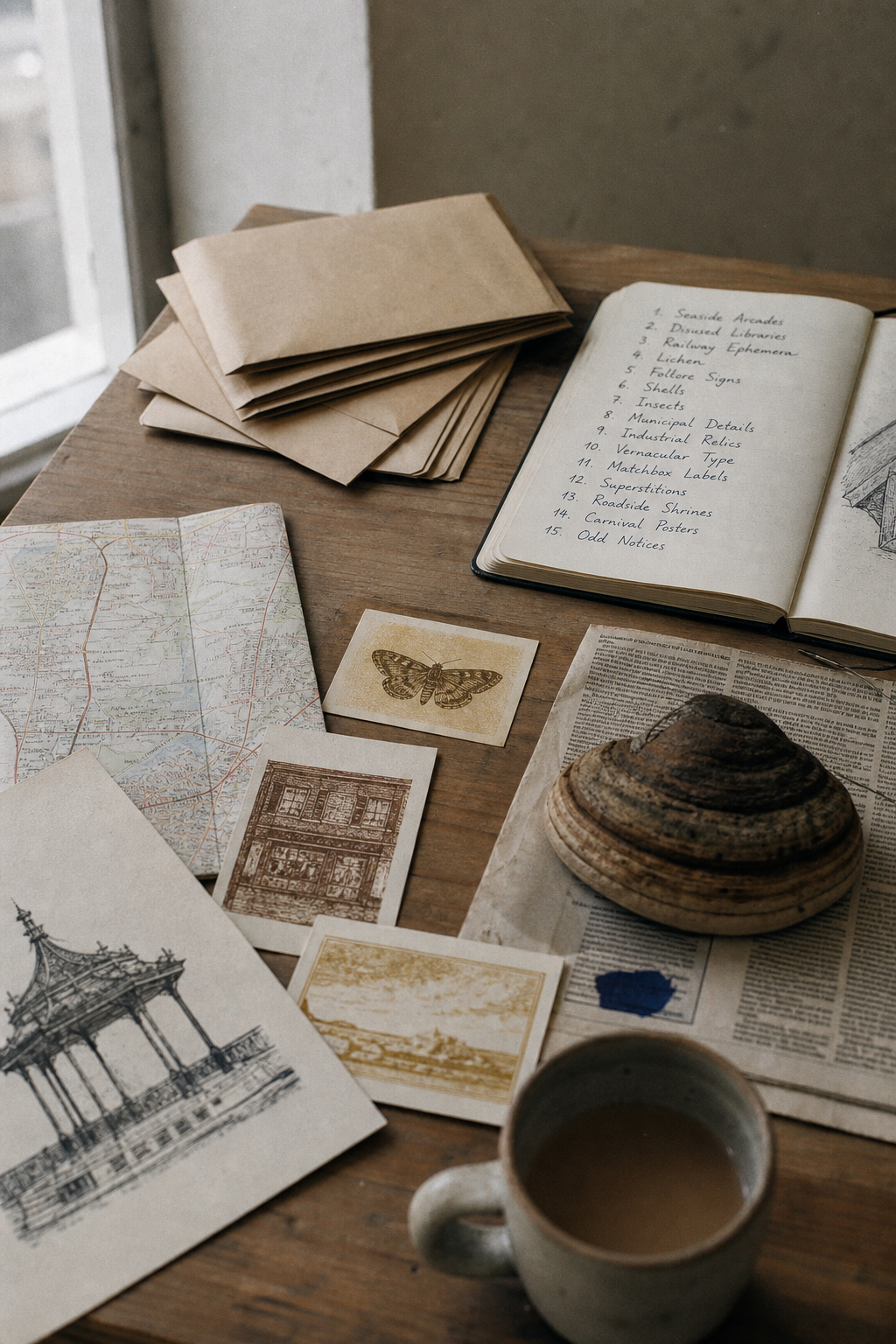 Overhead view of a printmaker's pine worktable with kraft envelopes, an open notebook, small ochre proofs, a folded map and a pressed bracket fungus in soft overcast light.