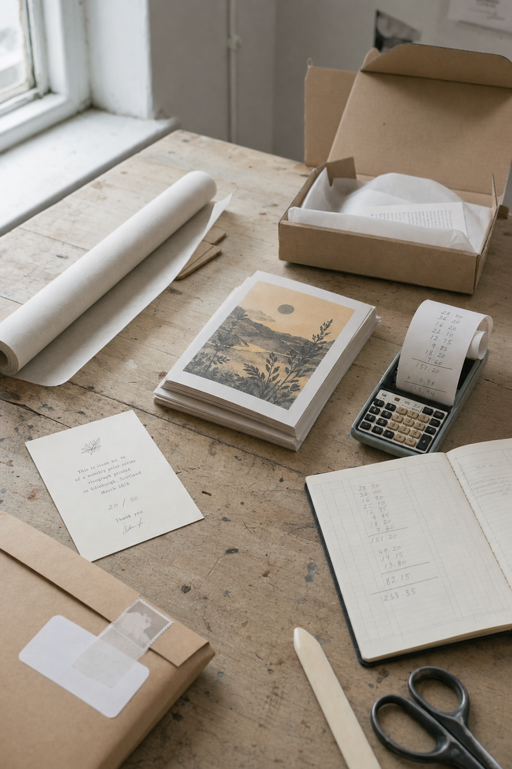 A studio desk with a stack of riso prints, a kraft mailer, a colophon card, a calculator and an open ledger of handwritten figures, lit by overcast window light.