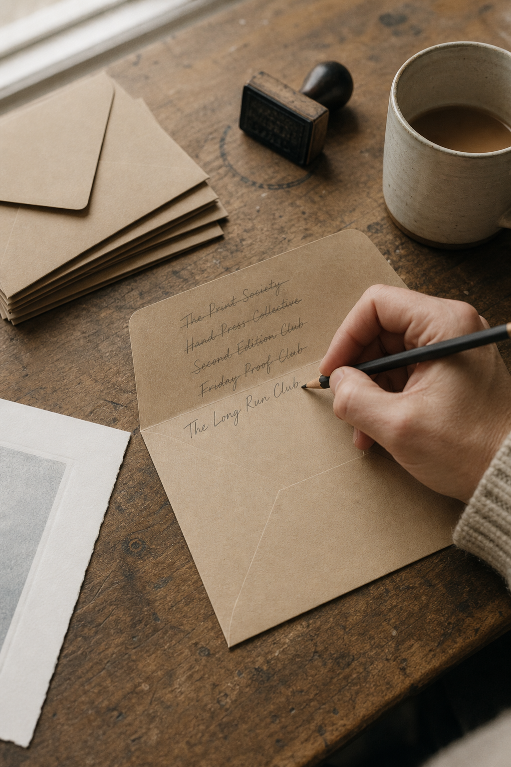 A hand drafts a print club name in pencil on the flap of a kraft envelope, with crossed-out earlier attempts and a rubber stamp resting nearby on a wooden studio table.