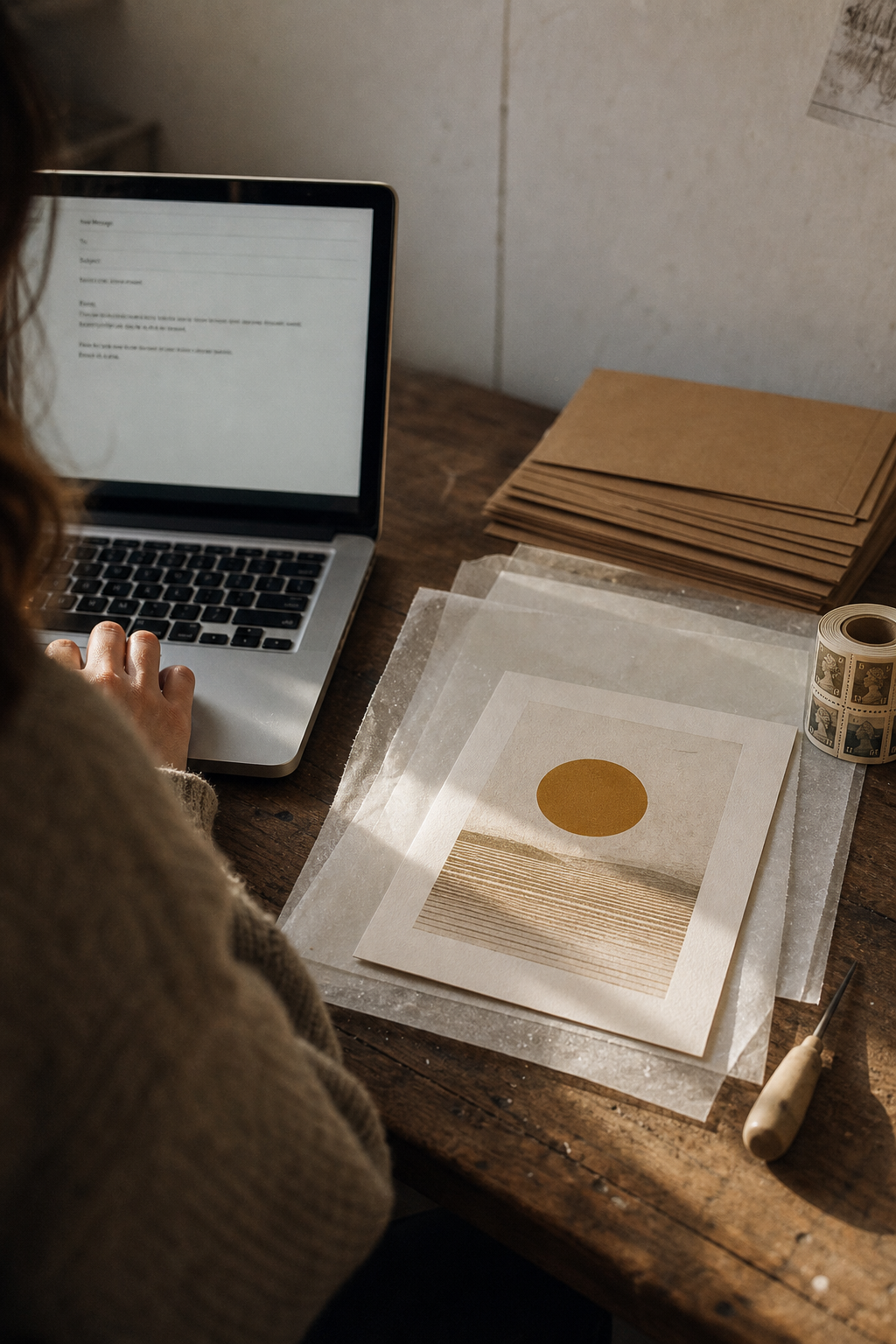 A studio worktable with a laptop showing a draft email on the left and a freshly pulled print, kraft mailers and postage stamps on the right, lit by pale window light.